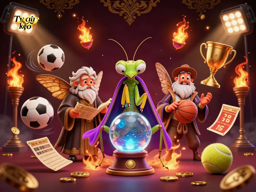 Experience Tỷ lệ kèo analysis through vibrant 3D gambling illustration of fortune teller with sports elements.