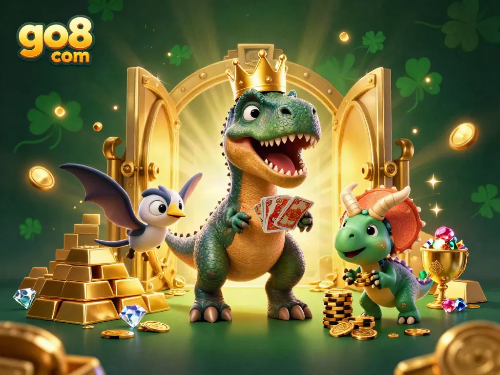Engage with go8 com's exciting casino games illustrated in a vibrant scene featuring animated dinosaurs.