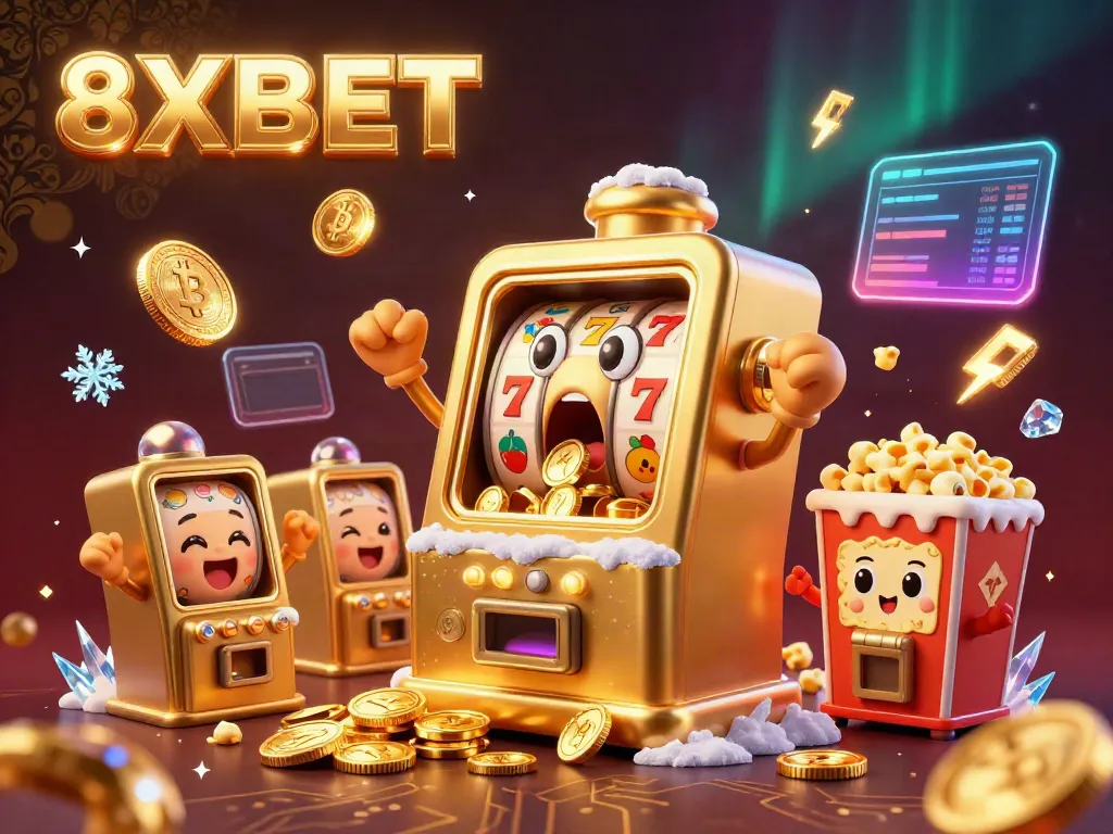 Engaging 3D illustration of 8XBET featuring cartoon slot machines celebrating a jackpot with vibrant colors and crypto elements.
