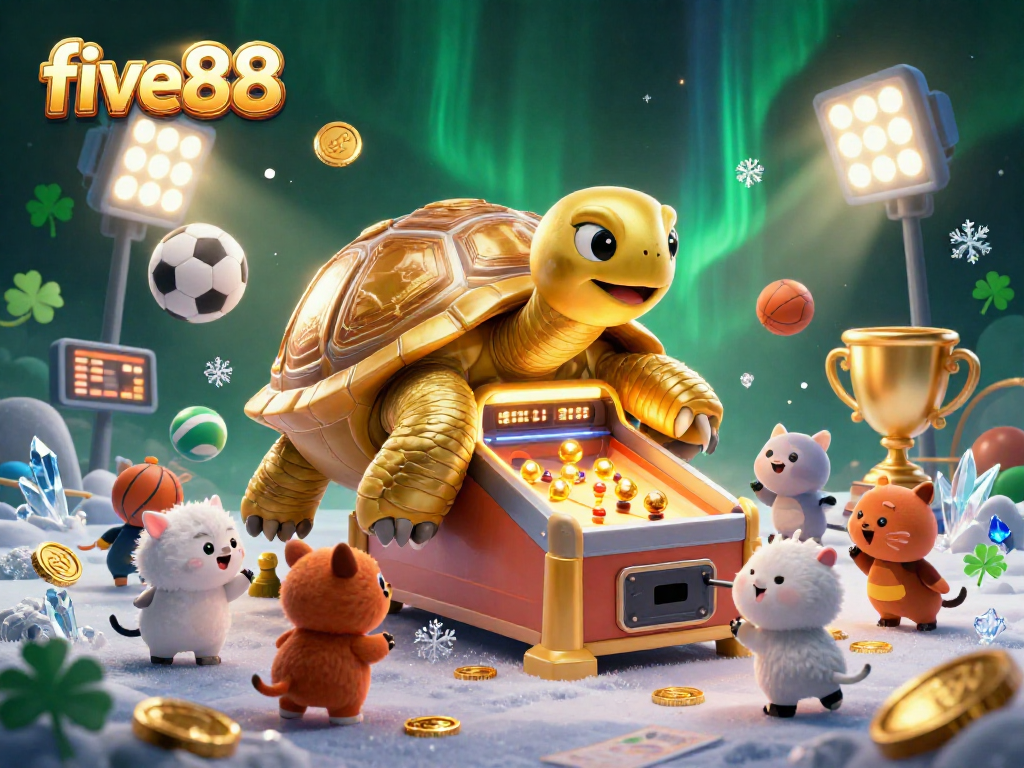 Experience five88 excitement with a golden tortoise pinball machine at a lively casino scene.