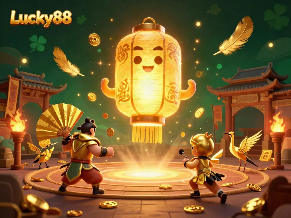 Engage with Lucky88's vibrant casino scene featuring a golden lantern spirit and exciting game elements.