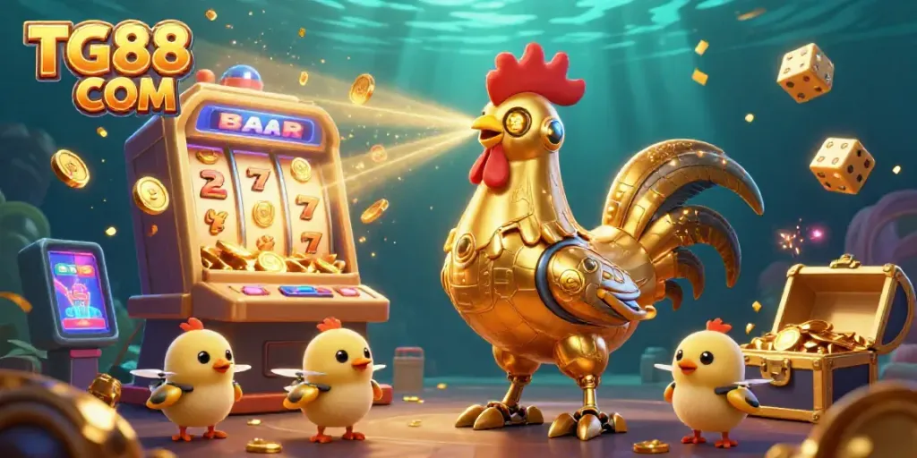 Experience exciting jackpots with TG88 COM, featuring a 3D golden rooster robot amidst casino glory!