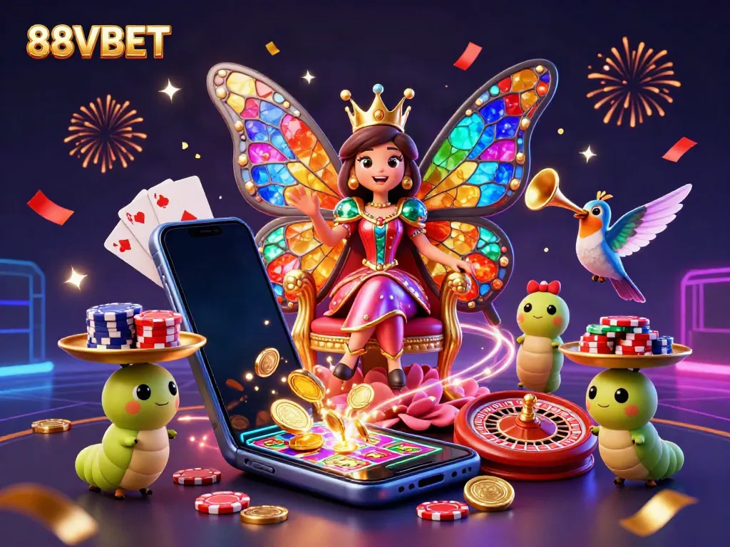 Experience the thrill of gaming at 88VBET with a vibrant scene of colorful casino elements and characters.