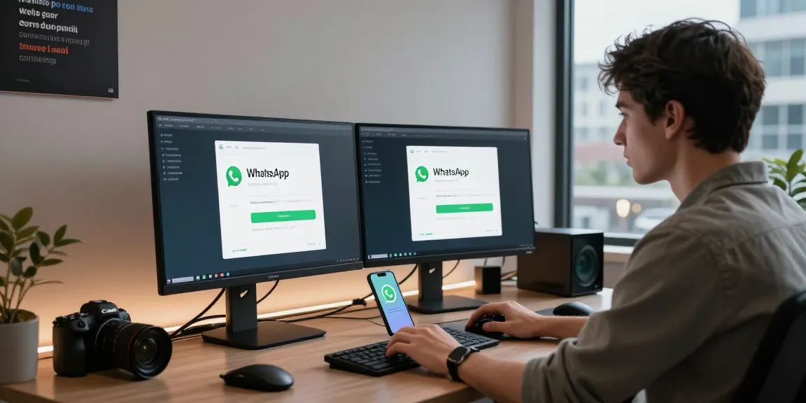 Downloading WhatsApp下載 on a modern workspace with tech gadgets and vibrant lighting.