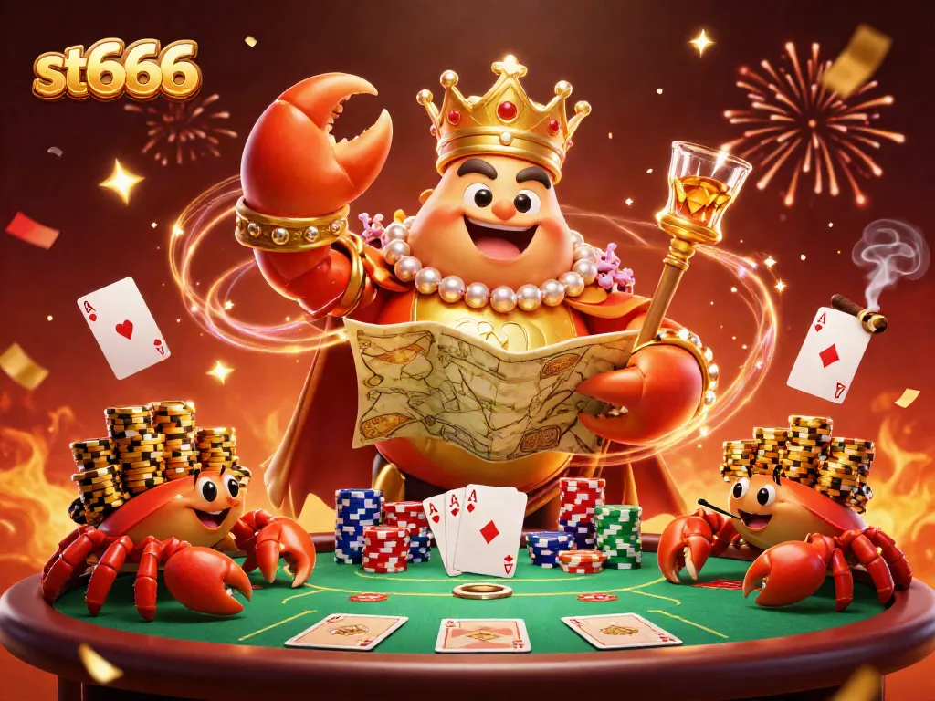 Engage in thrilling casino action with st666's golden crab emperor amid vibrant poker elements.