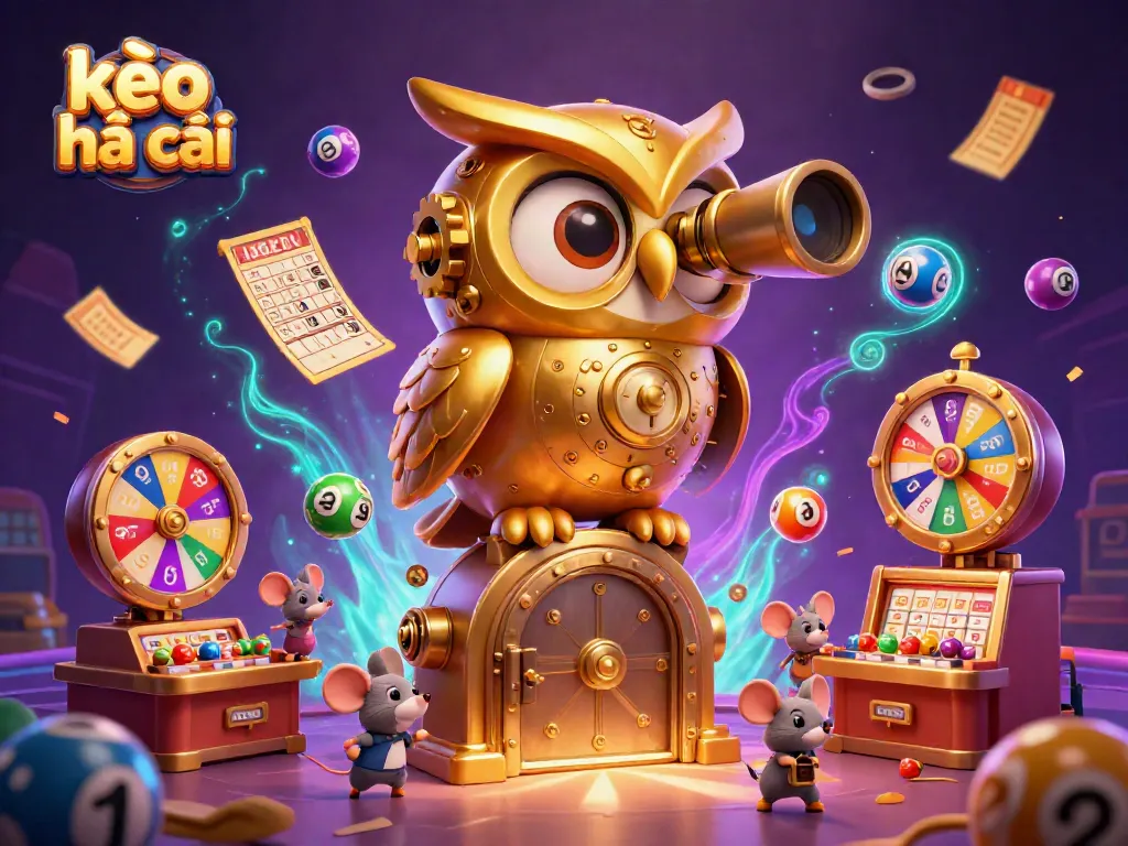 Experience sports betting excitement at kèo nhà cái with a vibrant illustration of a golden owl surveying a dynamic casino.