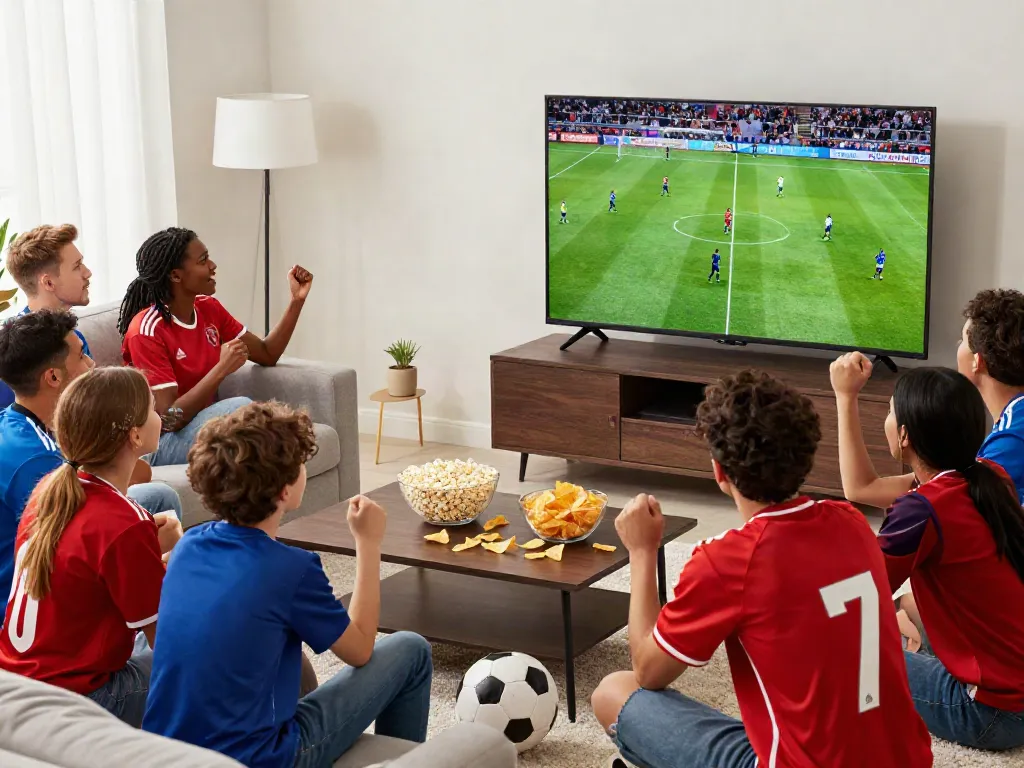 Xoilactv fans enjoying a live soccer match in a cozy setting.
