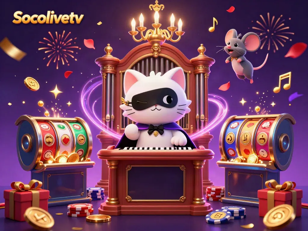 Socolivetv showcases a vibrant 3D illustration featuring a playful phantom cat at a casino organ, surrounded by dynamic gaming elements.