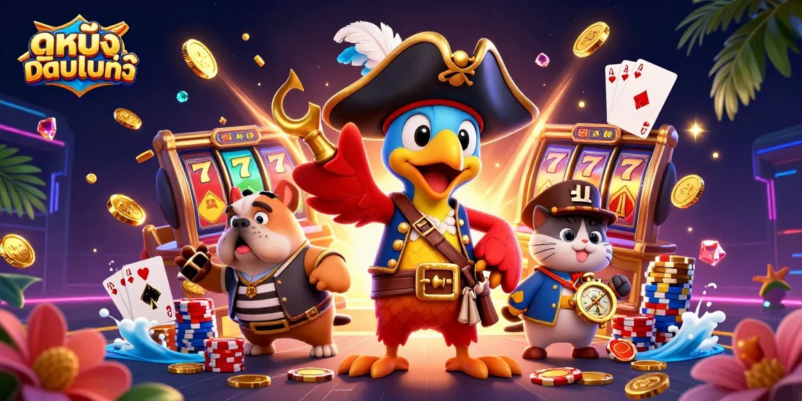 Hit the jackpot while watching ดูหนังออนไลน์ in a vibrant 3D pirate-themed casino scene.