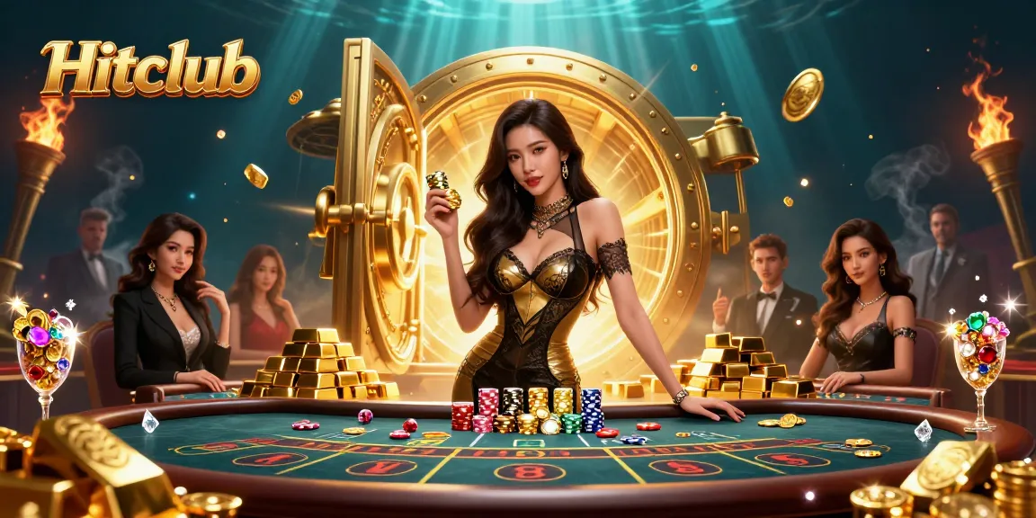 Experience the thrill of Hitclub with a stunning 3D illustration of a glamorous woman at a casino table, surrounded by treasures.