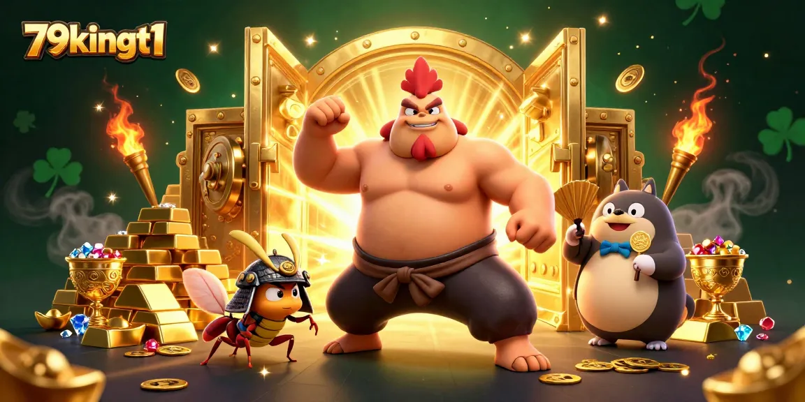 Experience the excitement of 79kingt1 with vibrant characters and gold treasures in an energetic casino scene.