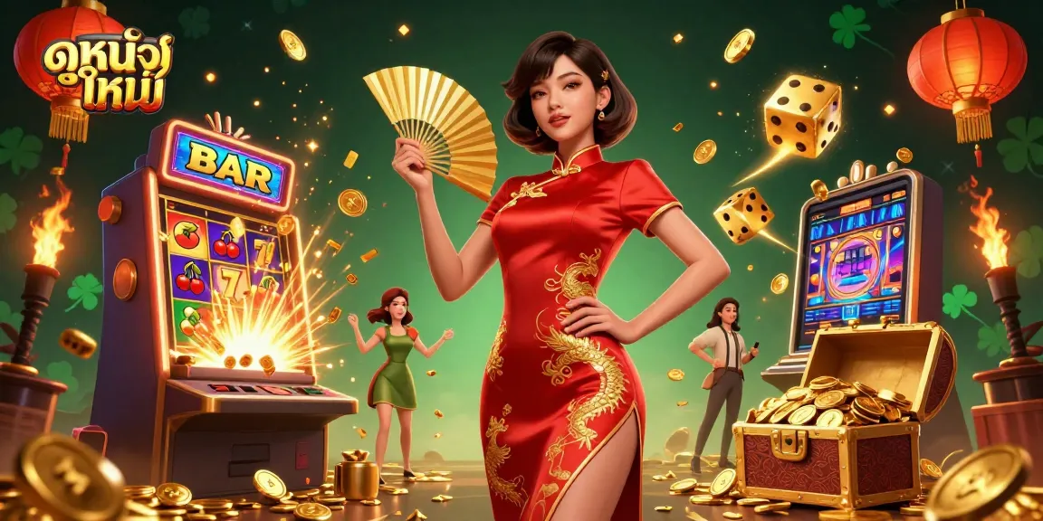 Experience ดูหนังใหม่ with vibrant casino elements and a confident Asian woman in a stunning red dress.