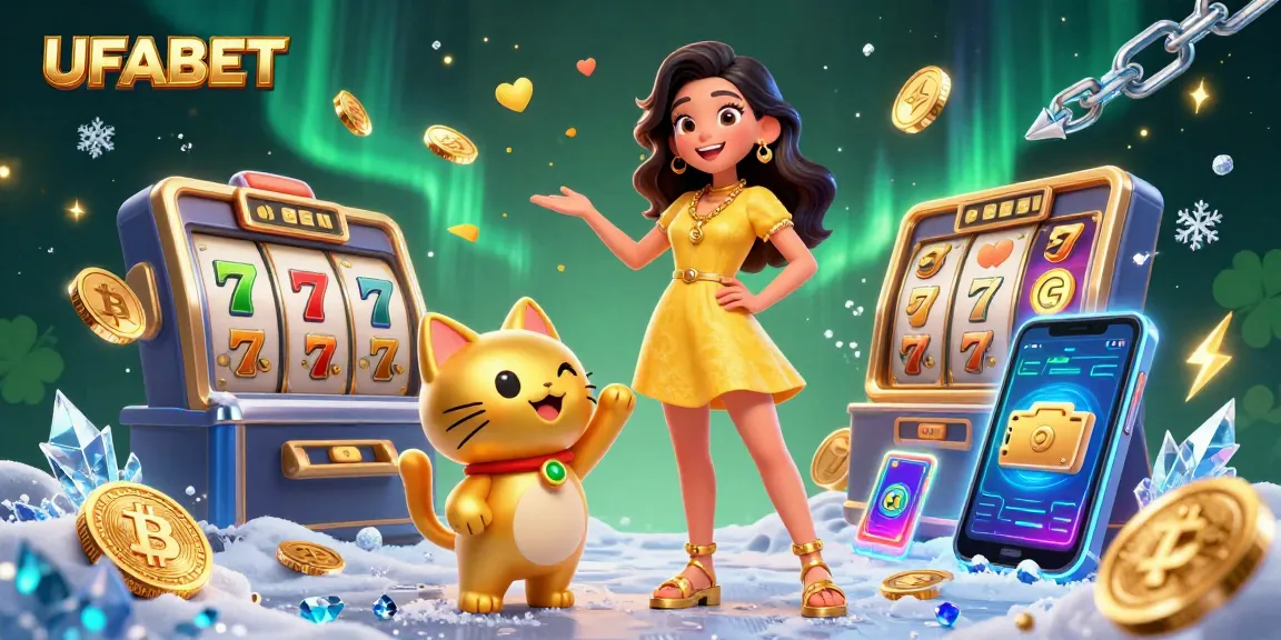 Spin the reels at UFABET, featuring a cheerful Asian woman and golden lucky cat amidst vibrant casino elements.
