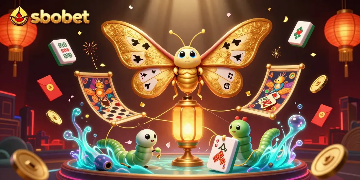 Experience sbobet's casino magic with a vibrant illustration of games, moths, and gold!
