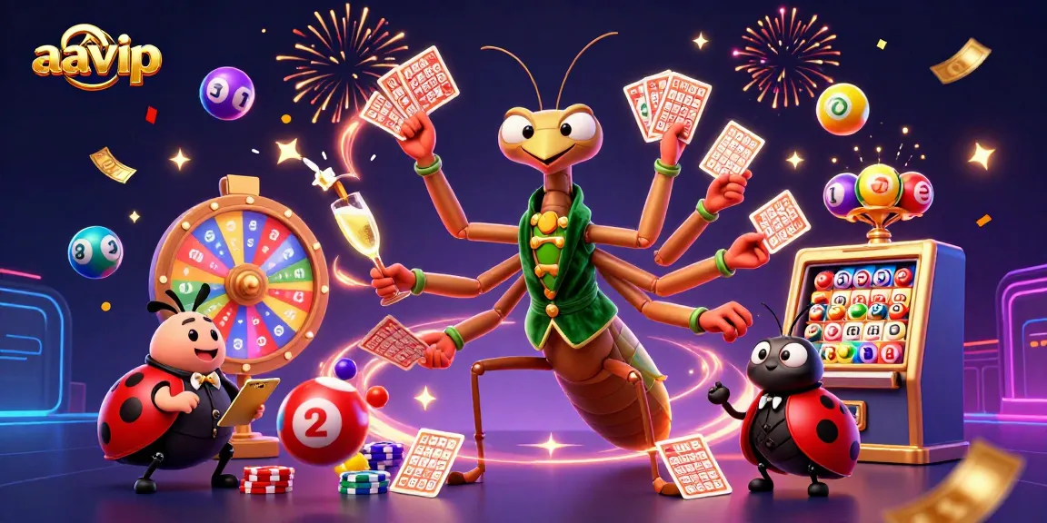 Aavip's vibrant casino scene showcases a giant praying mantis and a ladybug pit boss with dynamic gaming elements.