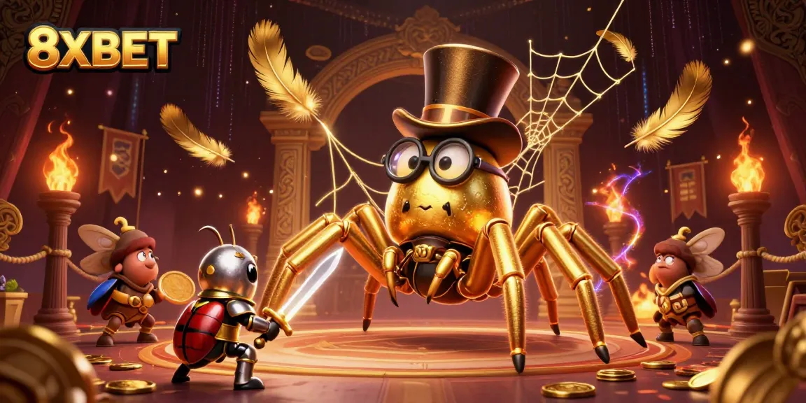 Engage with 8XBET's thrilling casino world featuring golden tarantula and knight in action.