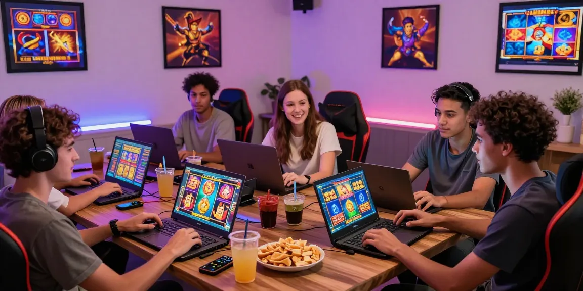 Situs slot deposit 10 ribu gaming setup with friends enjoying vibrant slot games in a cozy atmosphere.