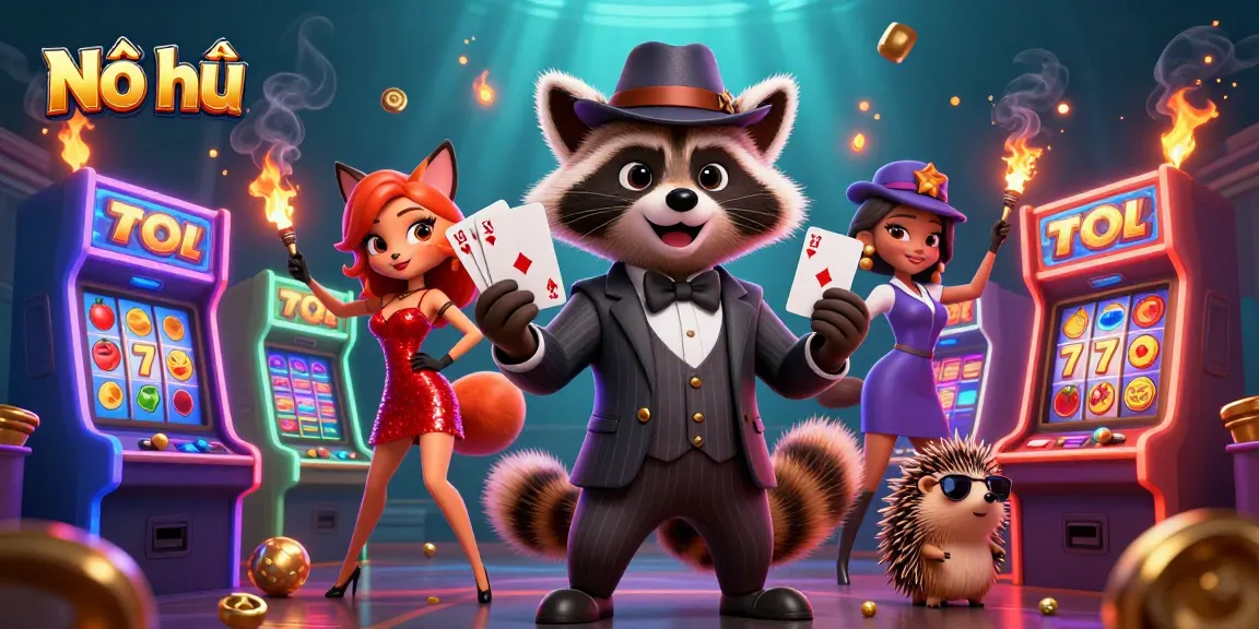 Nổ hũ slot game action featuring a raccoon, fox, and hedgehog amidst colorful casino elements.