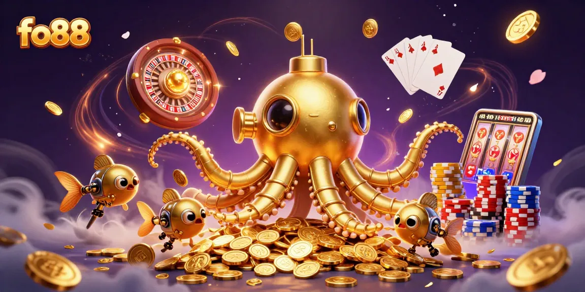 Spin to win with fo88: A vibrant 3D scene featuring a golden kraken and casino elements.