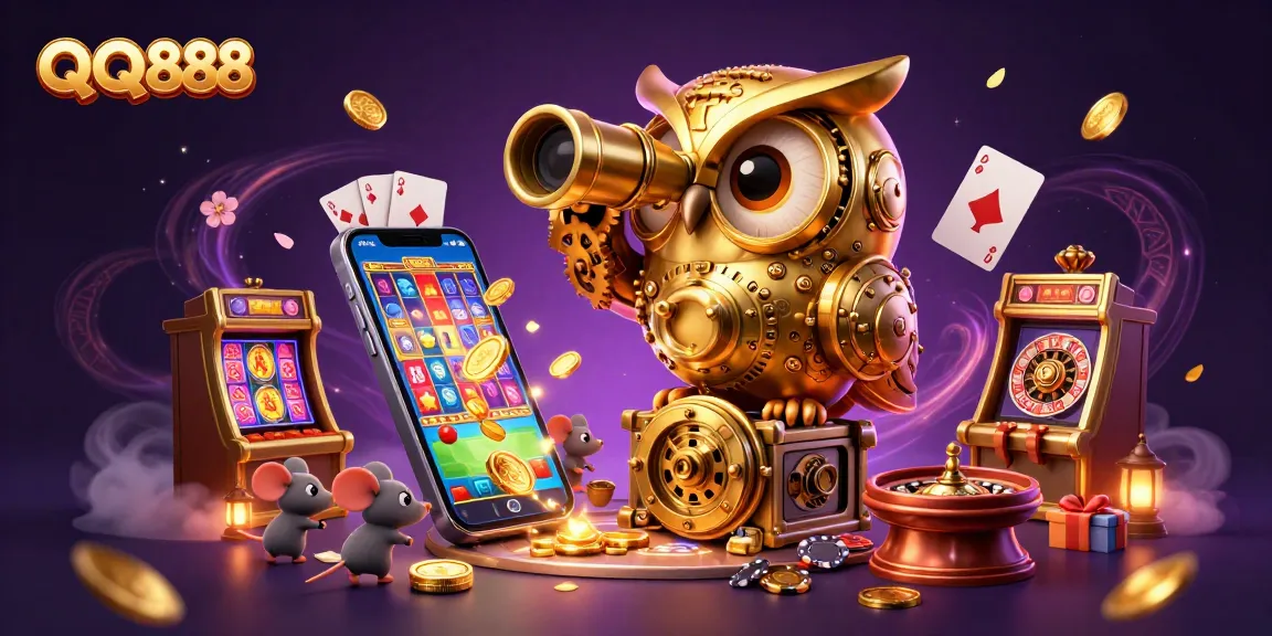 Engage with the QQ888 casino experience, featuring vibrant characters and exciting game elements.