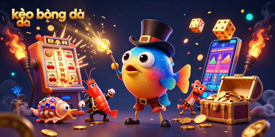 Experience kèo bóng đá excitement with a vibrant 3D illustration of an anglerfish, shrimp, and sea snail amidst casino elements.