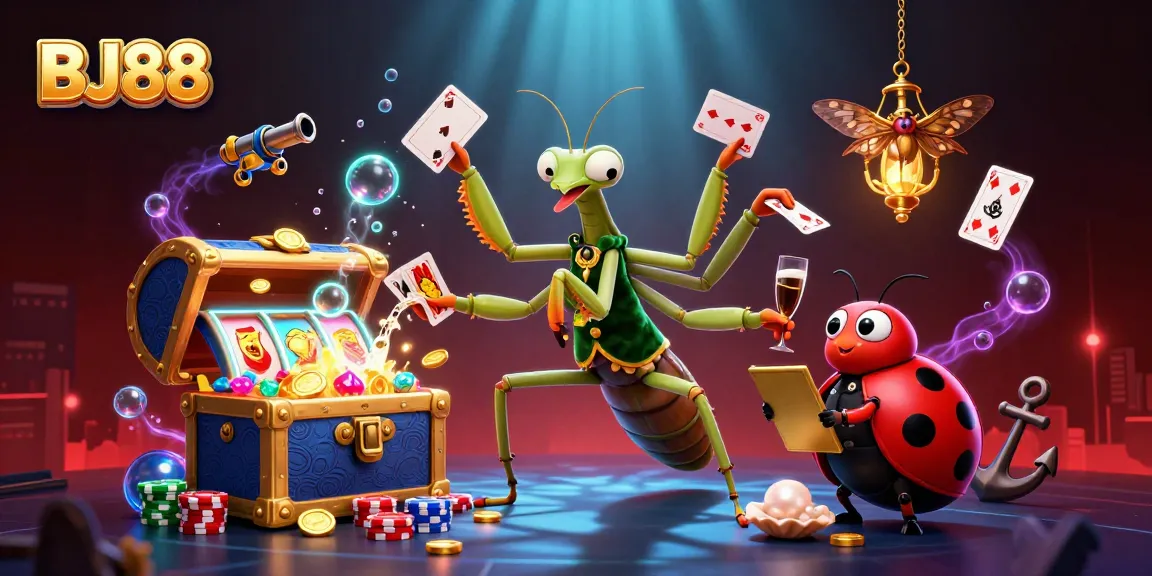Experience thrilling slots at BJ88 with a vibrant atmosphere and energetic characters promoting fun.