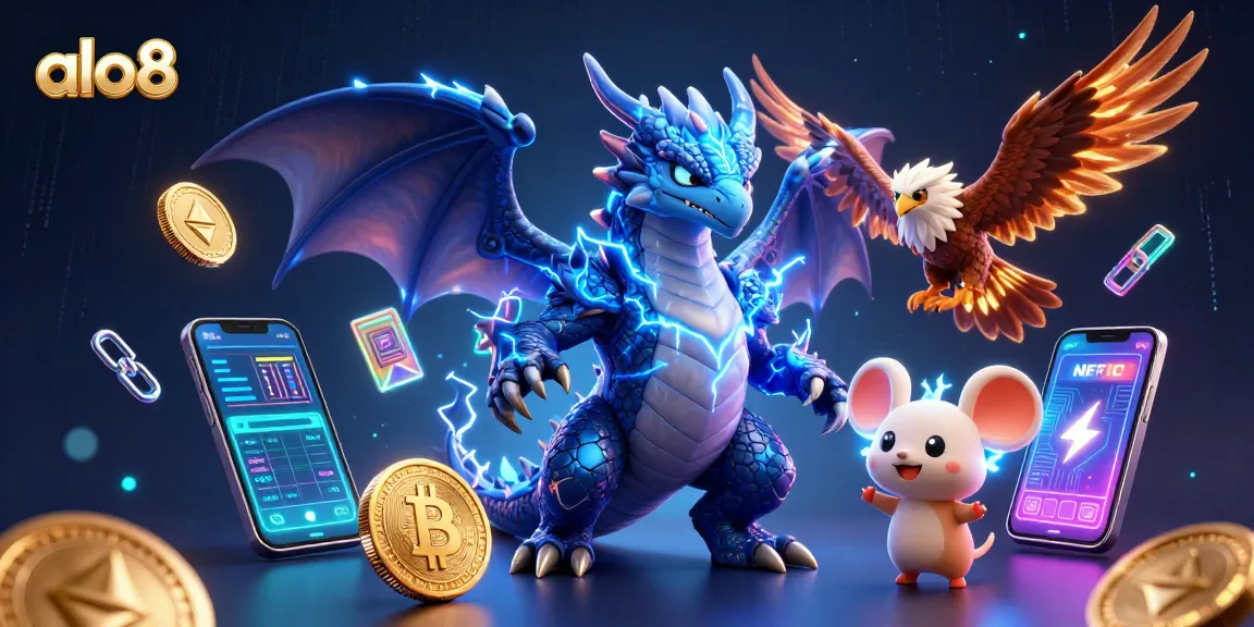 Experience the thrill of alo8 with a dynamic 3D scene of a thunder dragon, fierce hawk, and crypto elements amidst electrifying casino action.