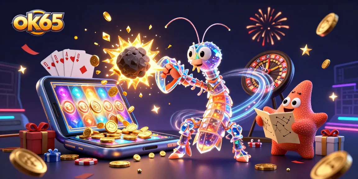 Engage with the thrilling action of ok65, where golden coins burst from a slot game smartphone amidst an explosive galactic scene.