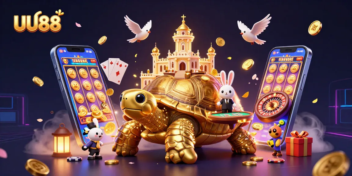 Engage with the exciting world of UU88, featuring a vibrant 3D casino scene filled with golden coins and dynamic game elements.