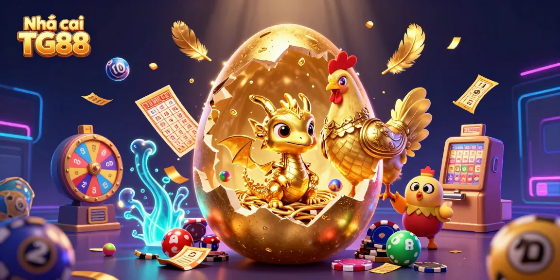 Play exciting games at Nhà cái TG88 with a golden baby dragon, poker chips, and dynamic lottery elements.