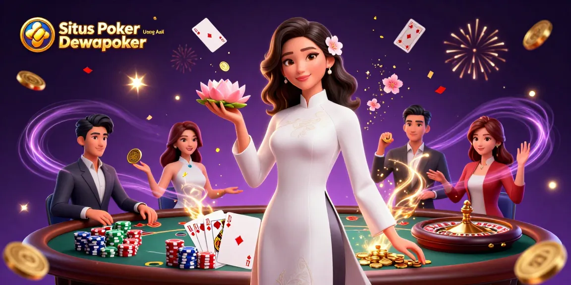 Situs Poker Uang Asli Dewapoker showcases an elegant scene with a poised Asian woman at a vibrant poker table filled with action.
