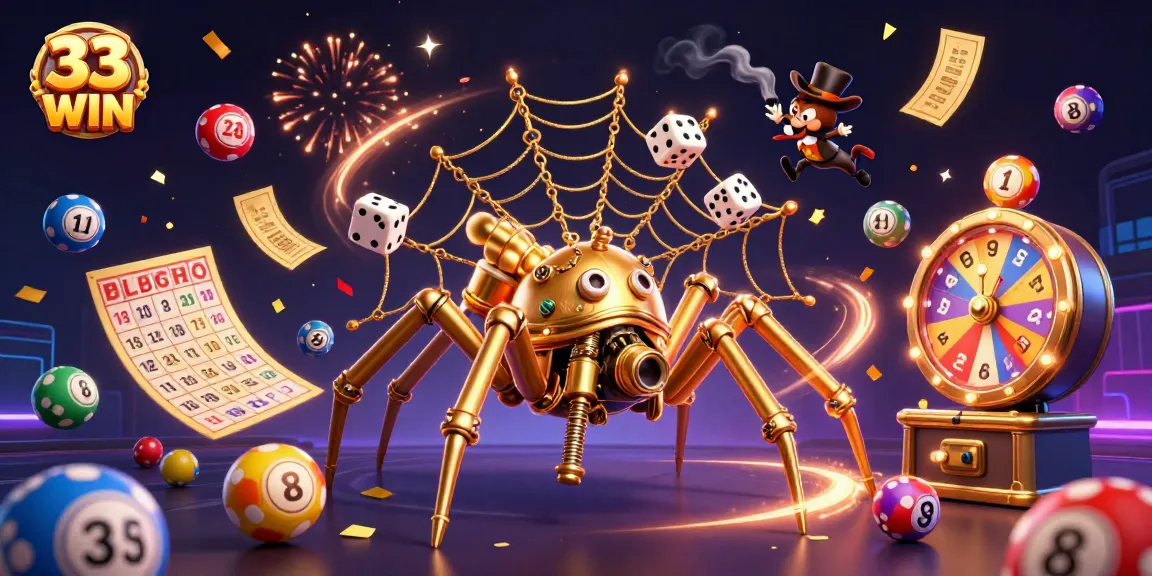 33 WIN captivating illustration with a steampunk spider, dynamic lottery elements, and festive background.