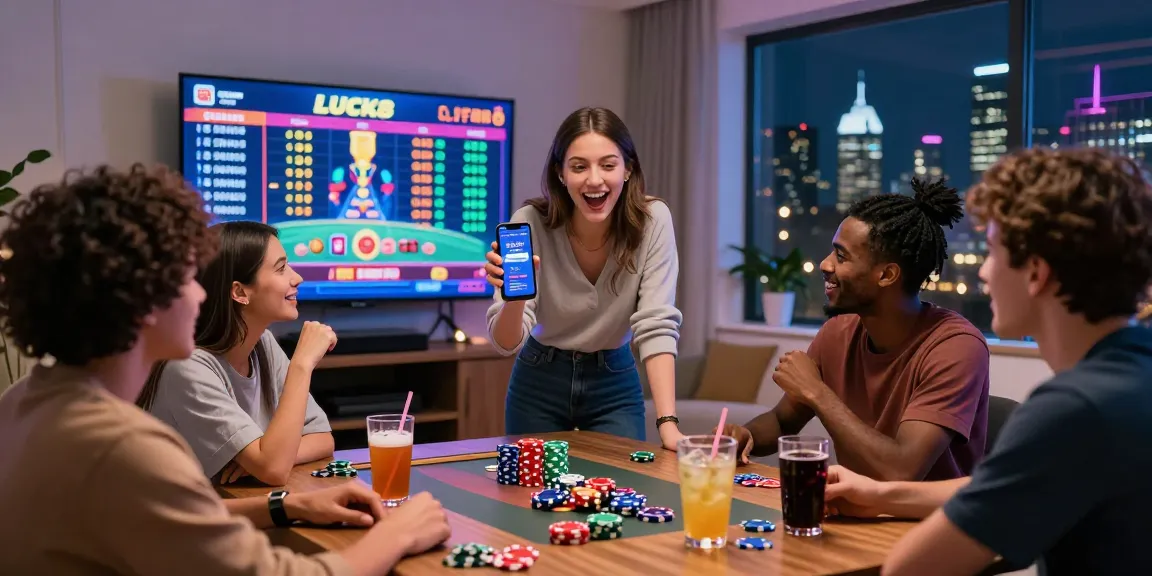 LUCK8 online gambling experience with friends celebrating in a vibrant living room.