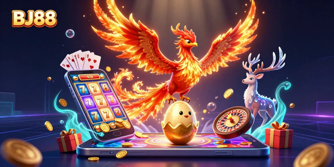 Experience thrilling games at BJ88 with stunning visuals of a phoenix and magical gaming elements.