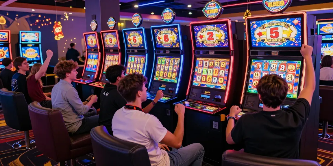 Players enjoying thrilling slot games in a vibrant online gambling lounge.