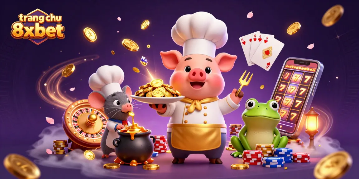 Engage with the dynamic scene at trang chu 8xbet featuring a chef pig serving gold coins, showcasing thrilling casino elements.