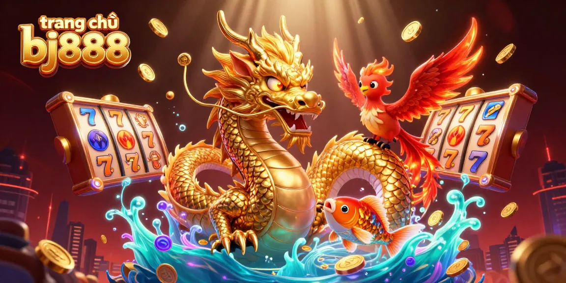 Experience the dynamic world of trang chủ bj888 with a fierce dragon and golden koi amidst slot game excitement.