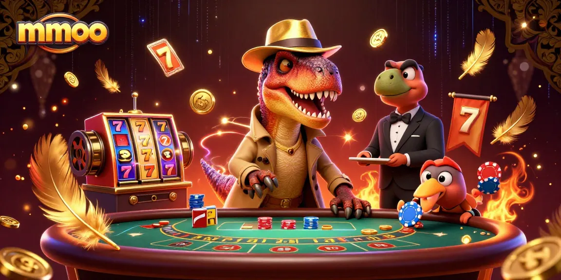 Spin the reels at MMOO slot game, featuring dinosaur characters and dynamic casino elements.