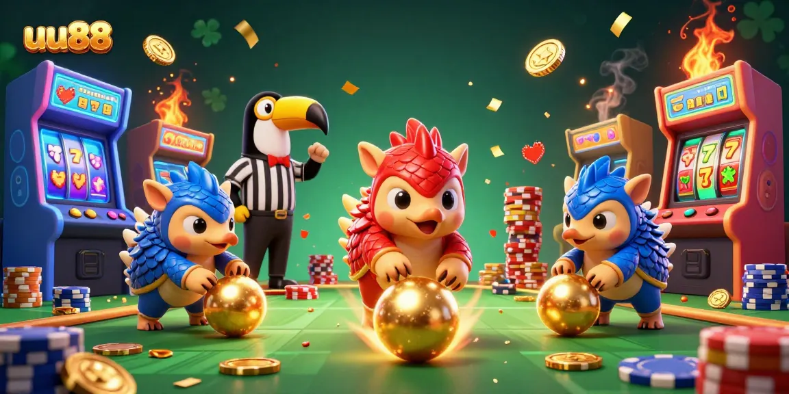 Experience a thrilling game with uu88 featuring rival pangolins bowling through poker chips in a dynamic casino scene.