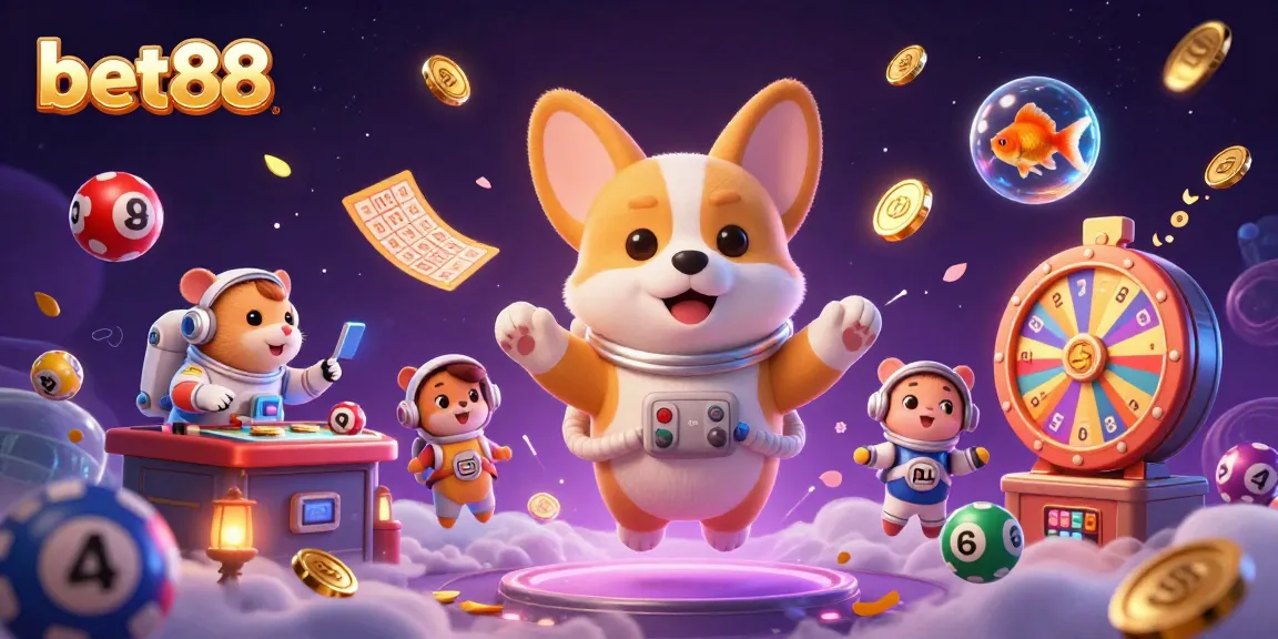 Experience the excitement of bet88 casino games with our cartoon astronaut corgi in a vibrant space casino scene.