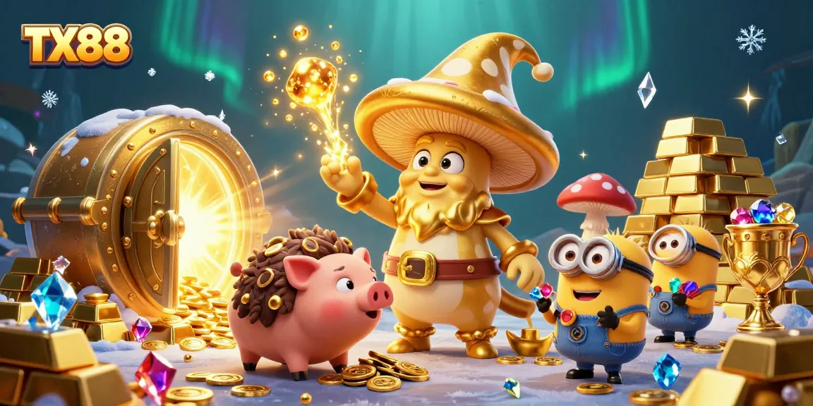 Experience thrilling wins with TX88 as a golden wizard, pig familiar, and gems surround you.