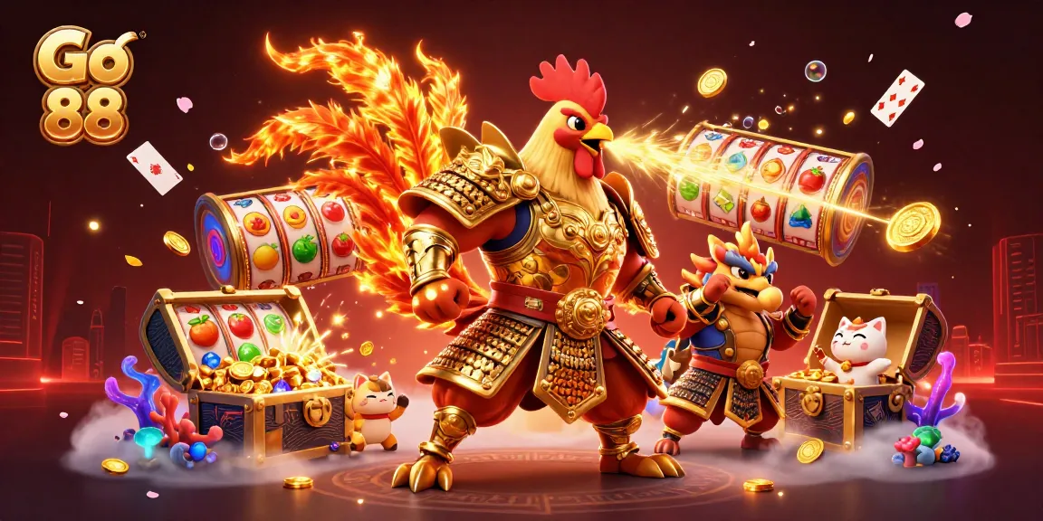 Experience thrilling gameplay with Go 88, featuring a warrior rooster and dragon hatchling among vibrant slot game elements.