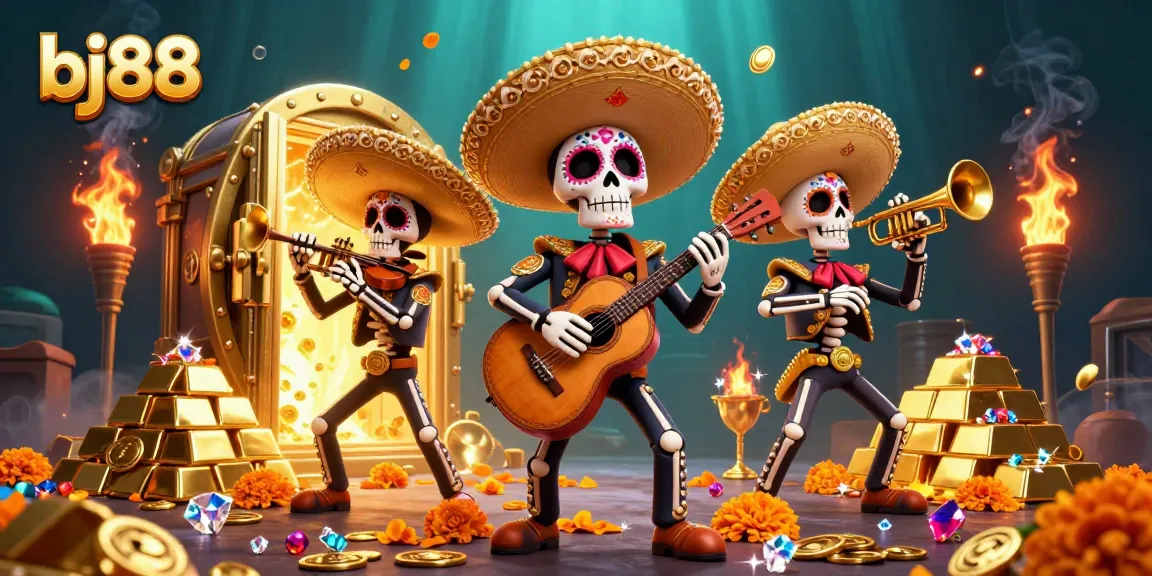 Experience the excitement at bj88 with vibrant skeleton mariachi band surrounded by golden treasures.