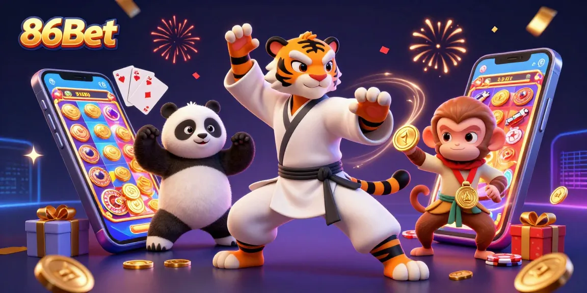 Experience the excitement of 86Bet with animated characters and casino games in this vibrant illustration.