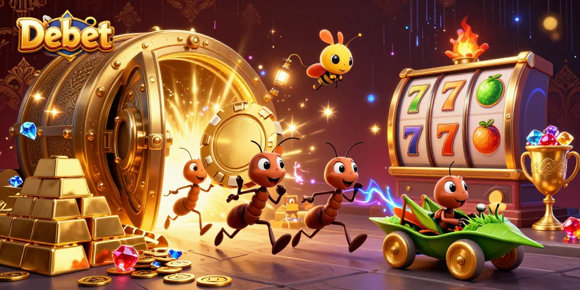 Debet invites players to a thrilling casino heist featuring ants and golden poker chips.