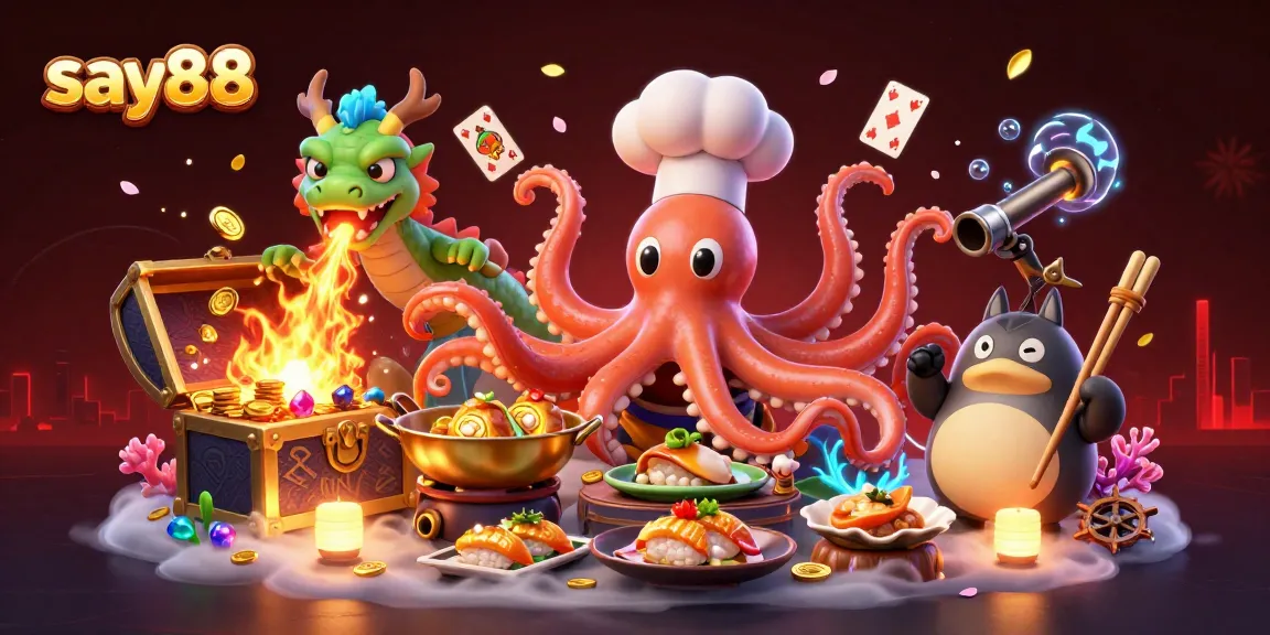 Experience say88's exciting gaming potential with a chef octopus and dragon in vibrant casino-themed art.