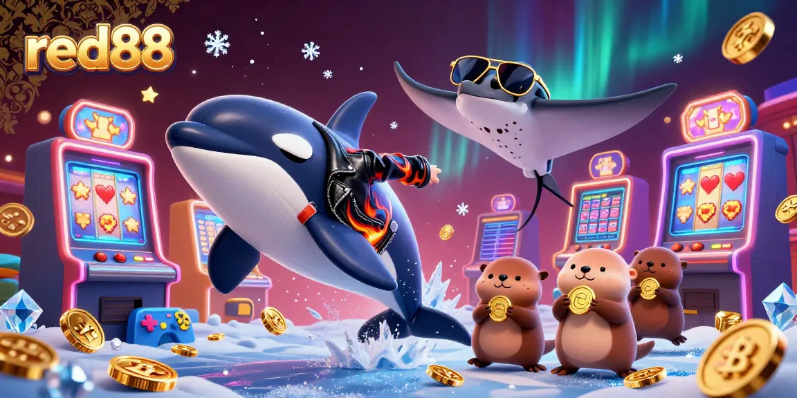 Bet and win at red88 with colorful slot machines, a jumping whale, and playful otters.