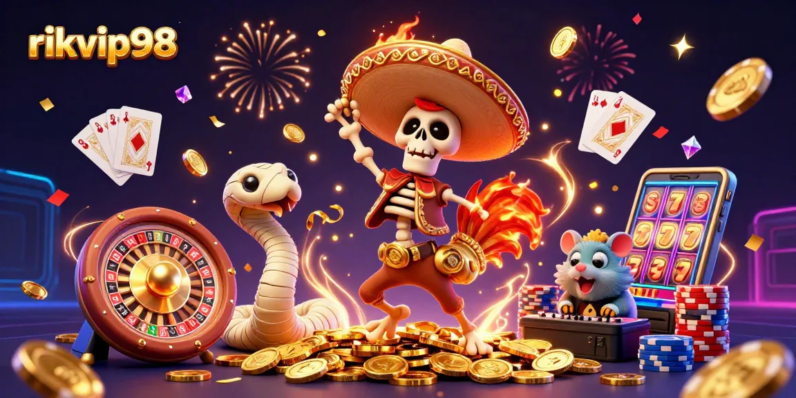 Experience the joyful victory dance of rikvip98 as it celebrates with golden coins and festive gaming elements.