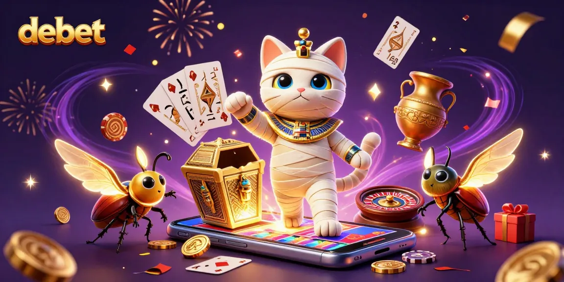 Spin the reels on debet's exciting slots with a mummy cat and golden scarab in this animated casino scene!