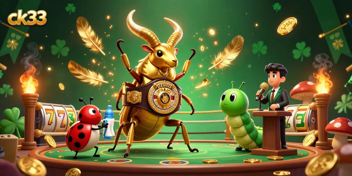 Betting scene with ck33, featuring a giant stag beetle champion in a vibrant, dynamic casino atmosphere.